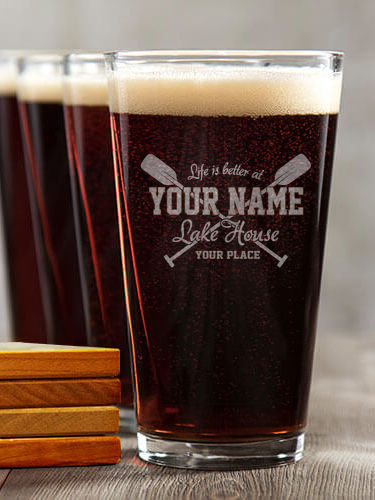 Lake House : 4 Pint Glasses - Engraved 4 Coasters Gift Set