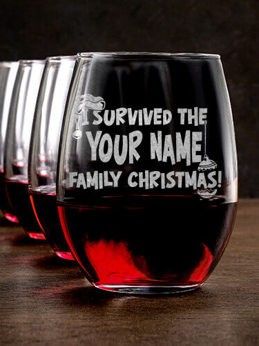 I Survived Christmas : Stemless Wine Glasses - Engraved