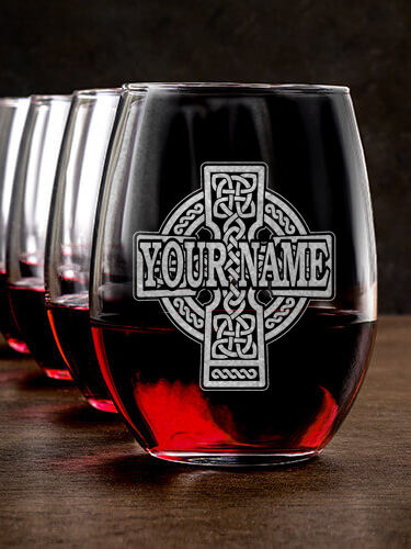 Celtic Stone Cross : Stemless Wine Glasses - Engraved