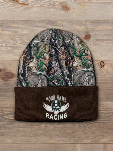 Racing Skull : Embroidered 2-Tone Camo Cuffed Beanie