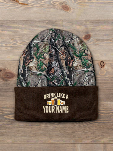 Drink Like A : Embroidered 2-Tone Camo Cuffed Beanie