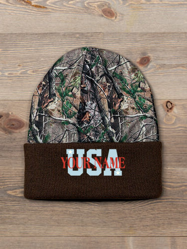 USA : Embroidered 2-Tone Camo Cuffed Beanie