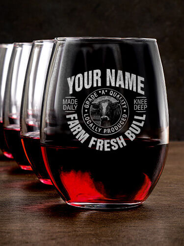 Farm Fresh Bull : Stemless Wine Glasses - Engraved