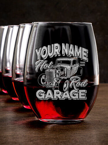 Hot Rod Garage : Stemless Wine Glasses - Engraved