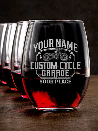 Custom Cycle Garage BP : Stemless Wine Glasses - Engraved