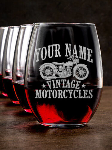 Vintage Motorcycles : Stemless Wine Glasses - Engraved