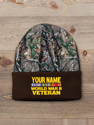 WW2 European Veteran : Embroidered 2-Tone Camo Cuffed Beanie