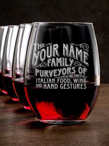 Italian Hand Gestures : Stemless Wine Glasses - Engraved
