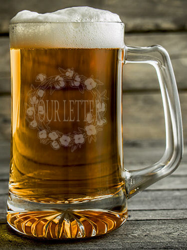 Cotton Wreath Monogram : Beer Mugs - Engraved