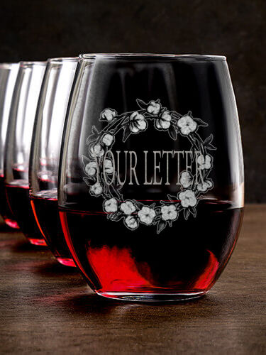 Cotton Wreath Monogram : Stemless Wine Glasses - Engraved