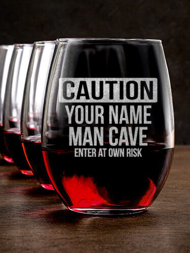 Caution Man Cave : Stemless Wine Glasses - Engraved