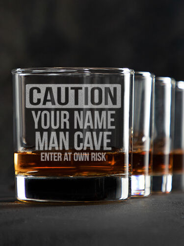 Caution Man Cave : Rocks Glasses - Engraved