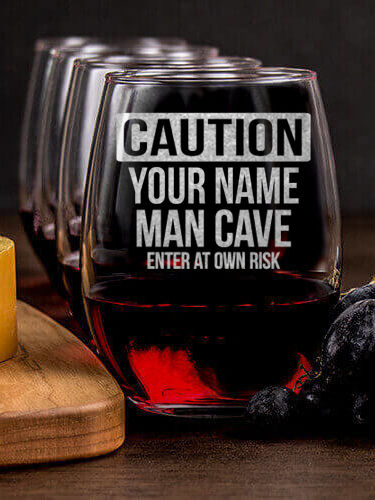 Caution Man Cave : Cheese Board Wine Glass Gift Sets - Engraved
