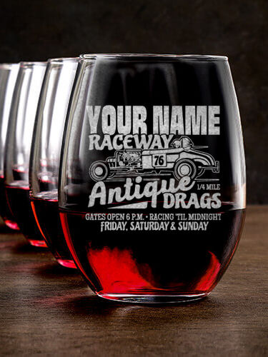 Antique Drag Race : Stemless Wine Glasses - Engraved