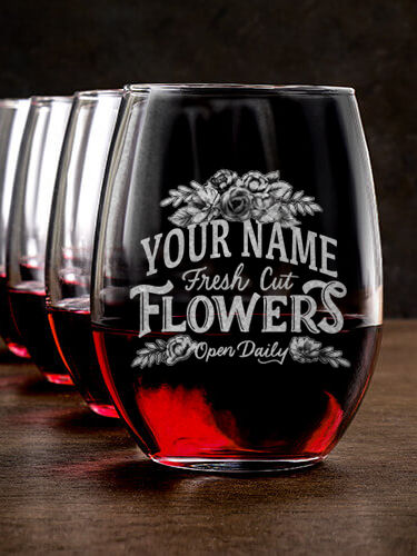 Fresh Cut Flowers : Stemless Wine Glasses - Engraved