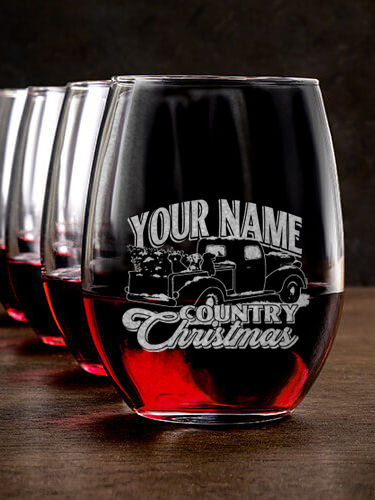 Country Christmas : Stemless Wine Glasses - Engraved