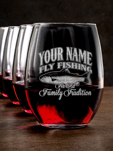 Fly Fishing Family Tradition : Stemless Wine Glasses - Engraved