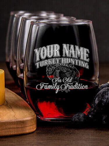 Turkey Hunting Family Tradition : Cheese Board Wine Glass Gift Sets - Engraved