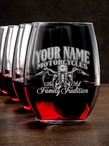 Motorcycle Family Tradition : Stemless Wine Glasses - Engraved