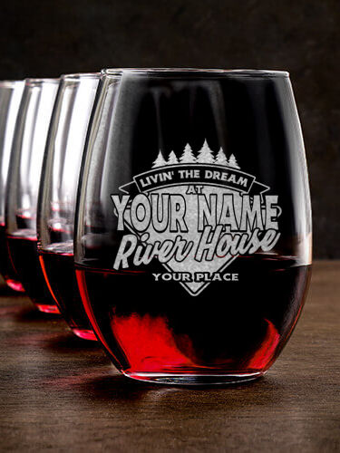 Livin' The Dream River House : Stemless Wine Glasses - Engraved