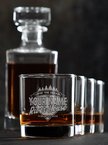 Livin' The Dream River House : Decanter Rocks Glass Gift Sets - Engraved