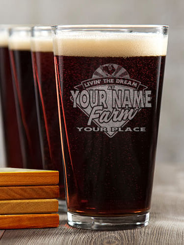 Livin' The Dream Farm : 4 Pint Glasses - Engraved 4 Coasters Gift Set
